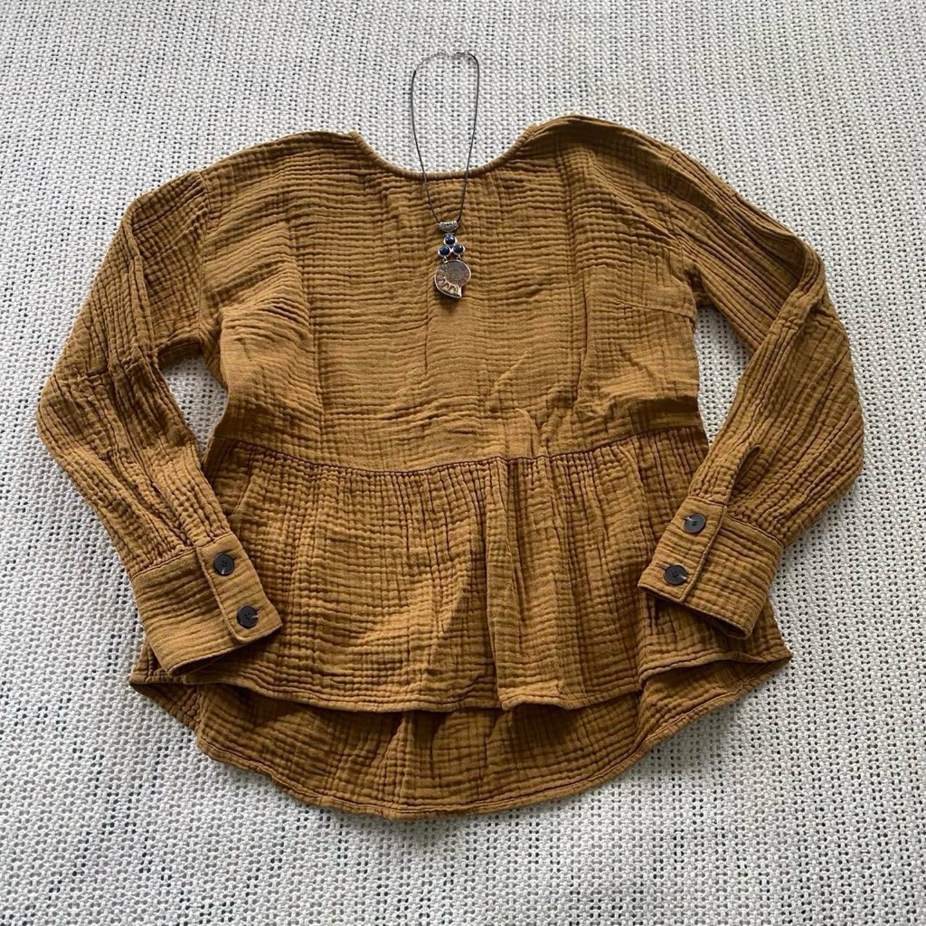 Madewell Boho Cottagecore Earthy Lightspun Button Back Cotton Gauze Peplum Top